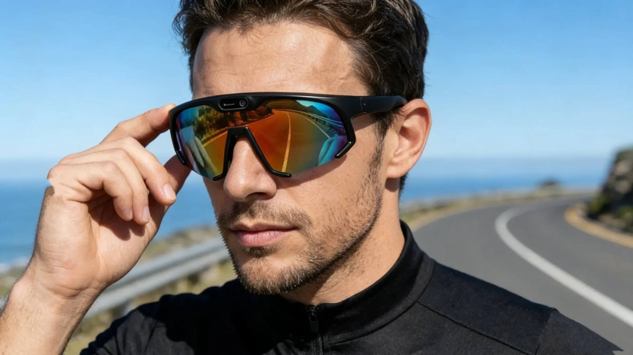 a man wearing a cycling camera glasses
